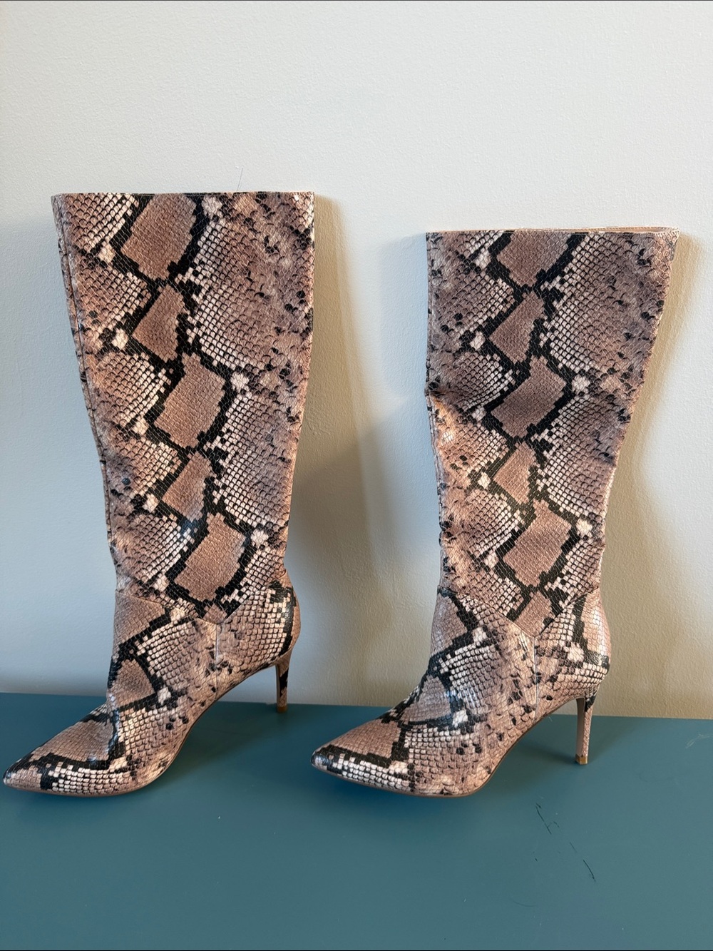 Pointed-Toe Snake Print Knee-High Boots in Taupe